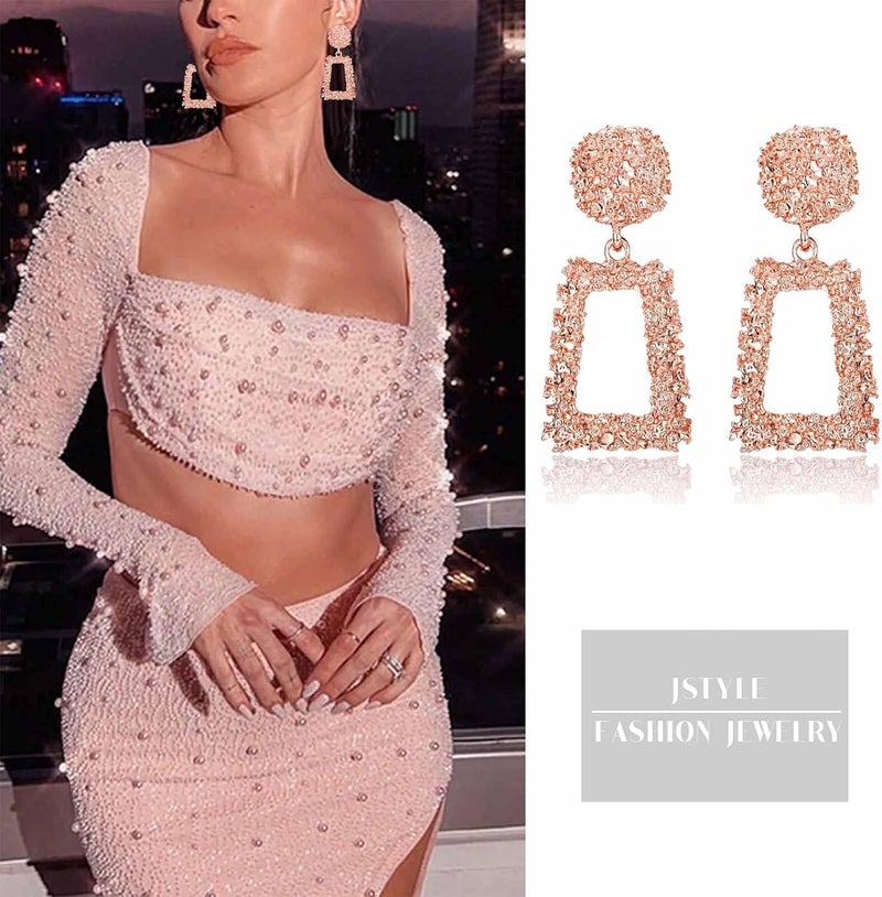 Jstyle Gold Statement Clip On Earrings for Women, Big Rectangle Geometric Dangle Clip Earrings Fashion Large Gold Silver Hot Pink Drop Earrings for Women Non Pierced - Image 3